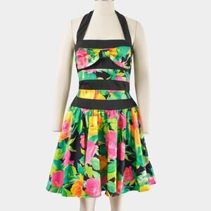 Vintage 80s Lillie Rubin Floral Halter Neck Cotton Full Circle Mini Dress